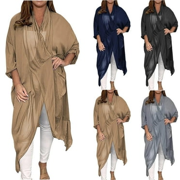 ATOYSOY Long Sleeve Tops Trench Coats Spring Midi Jackets for Women Cardigan Fall Winter Casual Overcoats Chiffon Trendy Lightweight Solid Color Coat Clearance Outwear Black XXL
