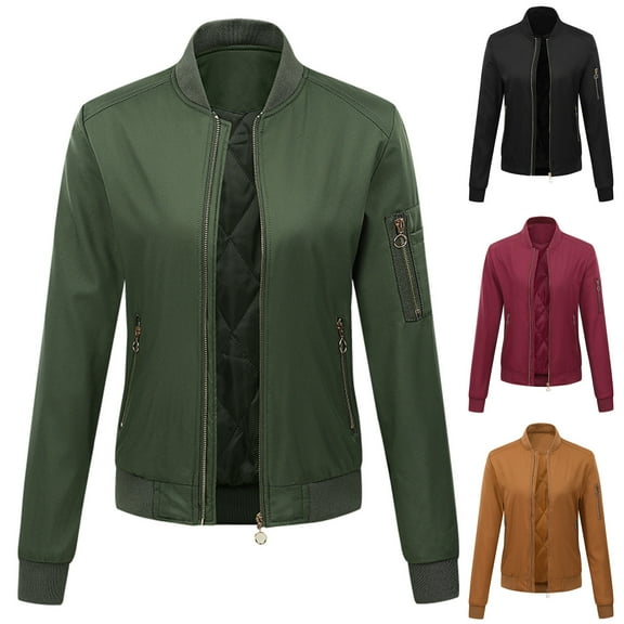 ATOYSOY Long Sleeve Zipper Tops Loose Motorcycle Biker Jackets for Women Solid Color Coat Outwear Casual Trendy Stand Collar Cardigan Pockets Fall Winter Green L