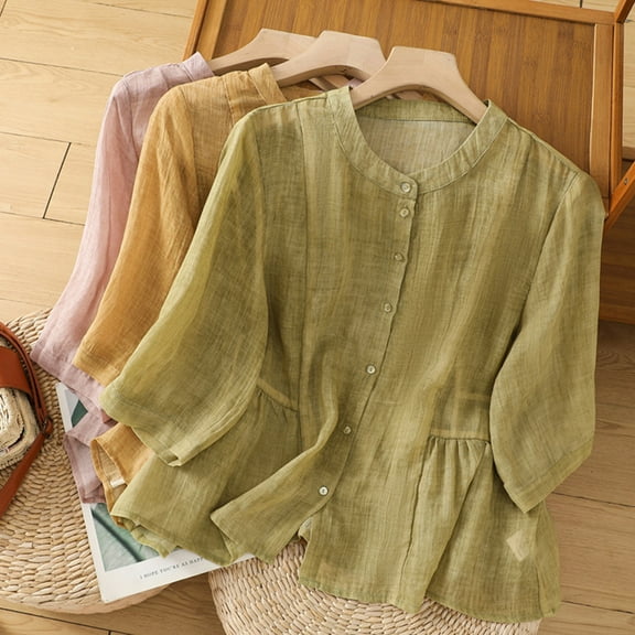 ATOYSOY Loose Cotton Shirts for Women Trendy Casual Open Front Button Cardigans Solid Color Tops Outwear Fall Long Sleeve Tees Green L