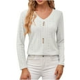 thumbnail image 1 of ATOYSOY Loose Eyelet Shirts for Women Trendy Casual Long Sleeve Tees Solid Color Tops Outwear Fall V Neck Pullovers Button White M, 1 of 7