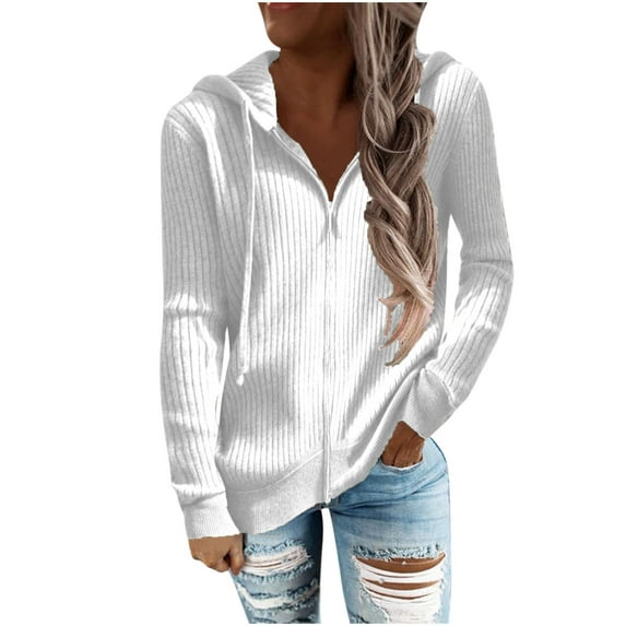 ATOYSOY Loose Hoodies Jackets for Women Trendy Solid Color Knitted Tops Cardigans Zipper Up Shackets Winter Casual Sweatshirts Workout Long Sleeve Coat White M