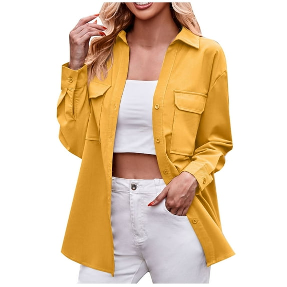 ATOYSOY Loose Jackets with Pockets for Women Trendy Long Sleeve Outwear Workout Vintage Tops Cardigans Casual Coat Open Front Lapel Shackets Winter Yellow XL