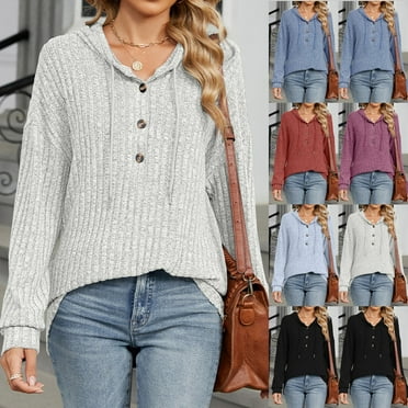 ATOYSOY Loose Knitted Shirts with Pockets for Women Trendy Half Button Pullovers Drawstring Tops Casual Ribbed Outwear Fall Long Sleeve Hoodies Sweatshirts Clearance Black L