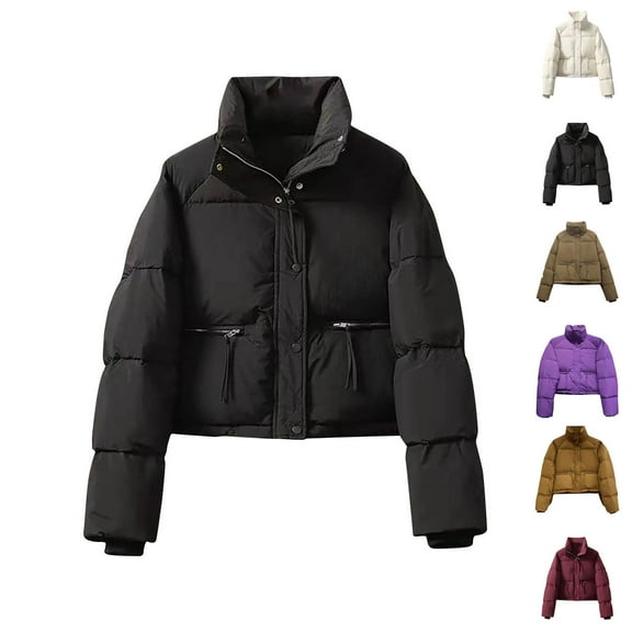 ATOYSOY Loose Puffer Jackets with Pockets for Women Trendy Tops Long Sleeve Outwear Open Front Stand Collar Shackets Winter Casual Thicken Padded Coat Workout Black L
