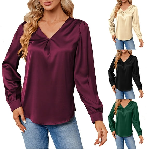 ATOYSOY Loose Satin Shirts for Women Trendy V Neck Pleated Pullovers Casual Cotton Linen Long Sleeve Tees Solid Color Tops Outwear Fall Green L