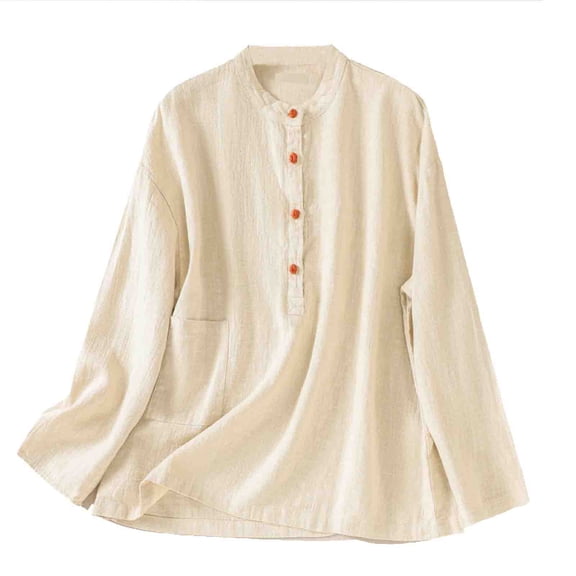 ATOYSOY Loose Shirts with Pockets for Women Trendy Casual Cotton Linen Half Button Pullovers Solid Color Tops Long Sleeve Tees Outwear Fall Beige M