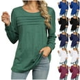 thumbnail image 1 of ATOYSOY Loose Shirts for Women Trendy Casual Cotton Linen Outwear Fall Long Sleeve Tees Solid Color Tops Dressy Tunic Round Neck Pleated Pullovers Black L, 1 of 8