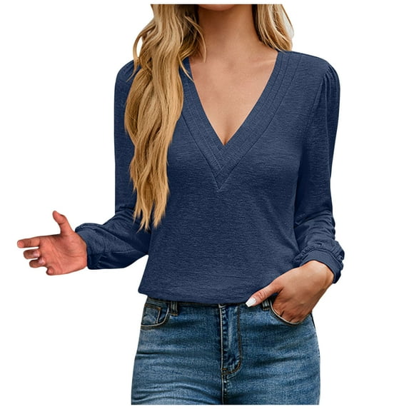 ATOYSOY Loose Shirts for Women Trendy Casual Cotton Linen Outwear Fall Solid Color Tops Deep V Neck Pullovers Long Sleeve Tees Blue XXL
