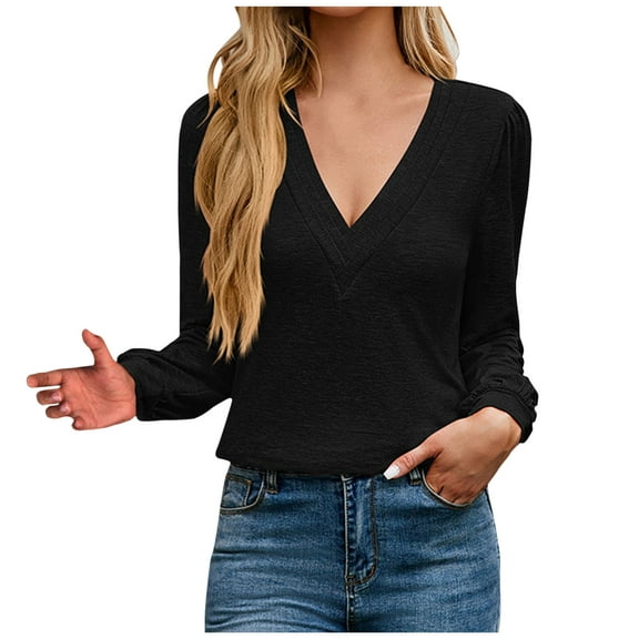 ATOYSOY Loose Shirts for Women Trendy Casual Cotton Linen Outwear Fall Solid Color Tops Long Sleeve Tees Deep V Neck Pullovers Black XL