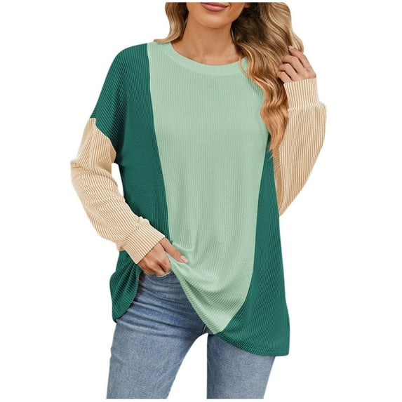 ATOYSOY Loose Shirts for Women Trendy Color Block Tops Long Sleeve Tees Casual Dressy Tunic Outwear Fall Round Neck Pullovers Green L