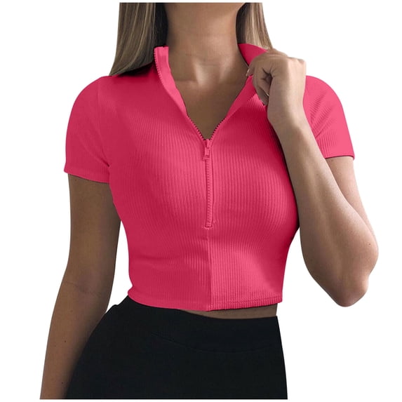 ATOYSOY Mock Neck Zip Up Crop Tops For Women Summer Short Sleeve Ribbed Knit Fitted Workout Going Out Tops Stretchy Slim Casual Daily Fashion Womens Tops
