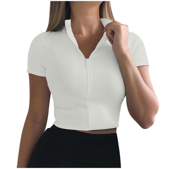 ATOYSOY Mock Neck Zip Up Crop Tops For Women Summer Short Sleeve Ribbed Knit Fitted Workout Going Out Tops Stretchy Slim Casual Daily Fashion Womens Tops