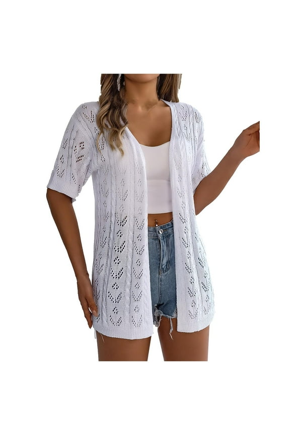 Open Front Coat Eyelet Trendy Loose Jackets for Women Short Sleeve Cotton Sweatshirts Spring Fall Sweaters Lightweight Workout Casual Knitted Cardigans White L