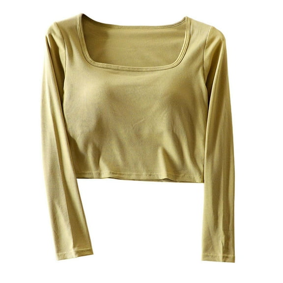 ATOYSOY Outwear Fall Solid Color Cropped Tops Square Neck Pullovers Long Sleeve Tees Trendy Casual Slim Padded Basic Shirts for Women Yellow L
