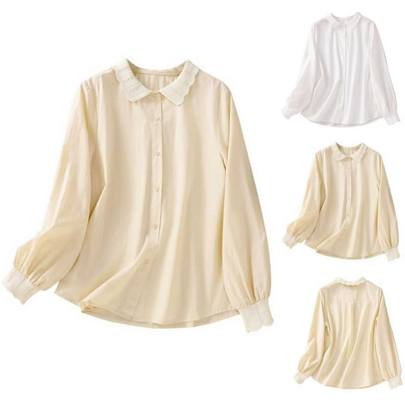 ATOYSOY Outwear Fall Solid Color Cute Tops Lapel Button Pullovers Loose Summer Shirts for Women Casual Cotton Linen Trendy Long Sleeve Tees Ruffle Beige L