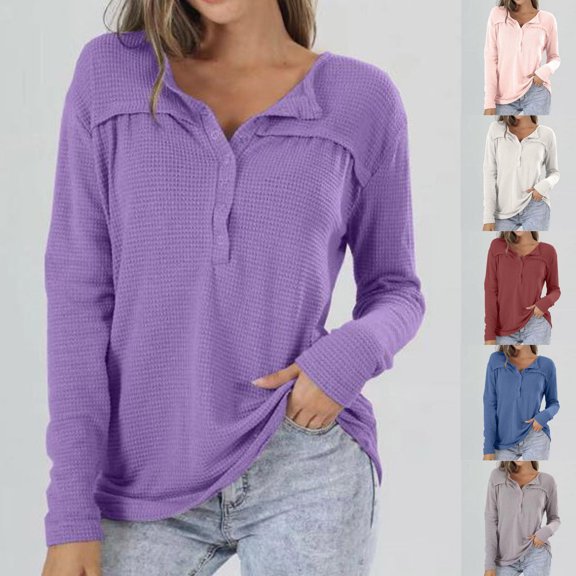 ATOYSOY Outwear Fall Solid Color Pleated Tops Quarter Button Pullovers Casual Cotton Linen Loose Waffle Shirts for Women Long Sleeve Tees Trendy Blue L