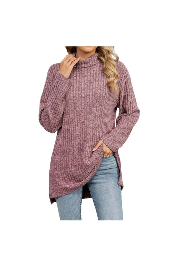 Outwear Fall Solid Color Side Split Tops Loose Knitted Shirts for Women Long Sleeve Tees Trendy Casual Ribbed High Neck Pullovers Red S