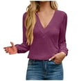 thumbnail image 1 of ATOYSOY Outwear Fall Solid Color Tops Casual Cotton Linen Deep V Neck Pullovers Loose Shirts for Women Trendy Long Sleeve Tees Purple M, 1 of 6