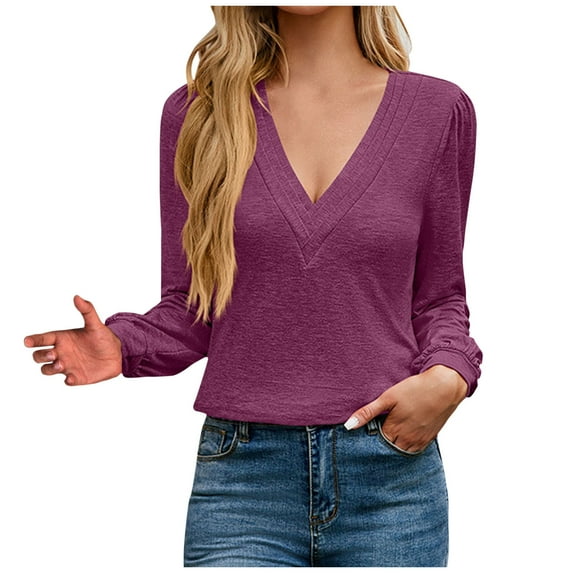 ATOYSOY Outwear Fall Solid Color Tops Casual Cotton Linen Deep V Neck Pullovers Loose Shirts for Women Trendy Long Sleeve Tees Purple M