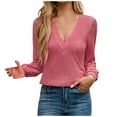 thumbnail image 1 of ATOYSOY Outwear Fall Solid Color Tops Casual Cotton Linen Deep V Neck Pullovers Trendy Long Sleeve Tees Loose Shirts for Women Pink L, 1 of 8