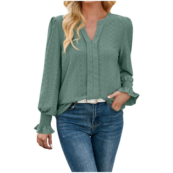 ATOYSOY Outwear Fall Solid Color Tops Casual Elegant Loose Eyelet Shirts for Women V Neck Pullovers Ruffle Trendy Long Sleeve Business Tees Green S