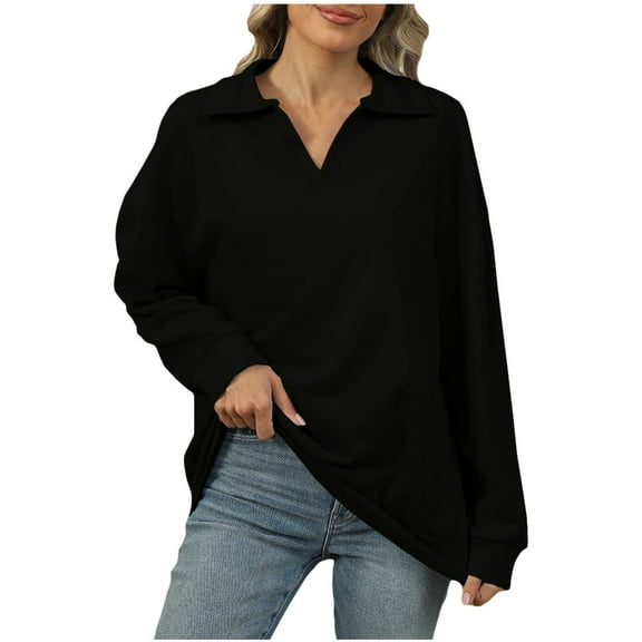 ATOYSOY Outwear Fall Solid Color Tops Drop Shoulder Long Sleeve Tees Lapel V Neck Pullovers Loose Shirts for Women Trendy Casual Cotton Linen Black XXL