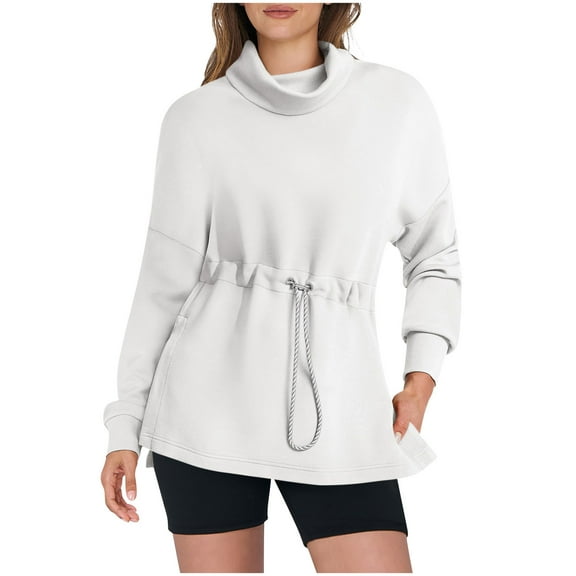 ATOYSOY Outwear Fall Solid Color Tops Long Sleeve Tees Trendy Casual Drawstring Loose Shirts for Women High Neck Pullovers Drawstring White L