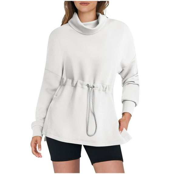 ATOYSOY Outwear Fall Solid Color Tops Long Sleeve Tees Trendy Casual Drawstring Loose Shirts for Women High Neck Pullovers Drawstring White L