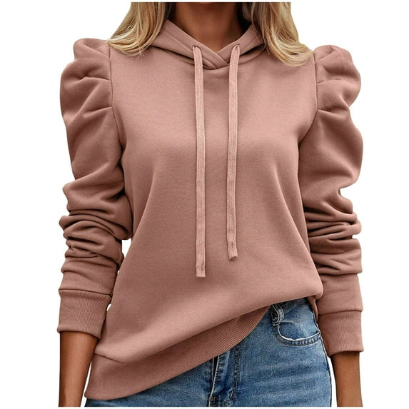 ATOYSOY Outwear Fall Solid Color Tops Loose Shirts for Women Crew Neck Pullovers Drawstring Long Sleeve Hoodies Sweatshirts Trendy Casual Pink XXL