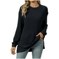 thumbnail image 1 of ATOYSOY Outwear Fall Solid Color Tops Side Split Round Neck Pullovers Trendy Loose Knitted Shirts with Pockets for Women Casual Ribbed Long Sleeve Sweatshirts Black S, 1 of 6