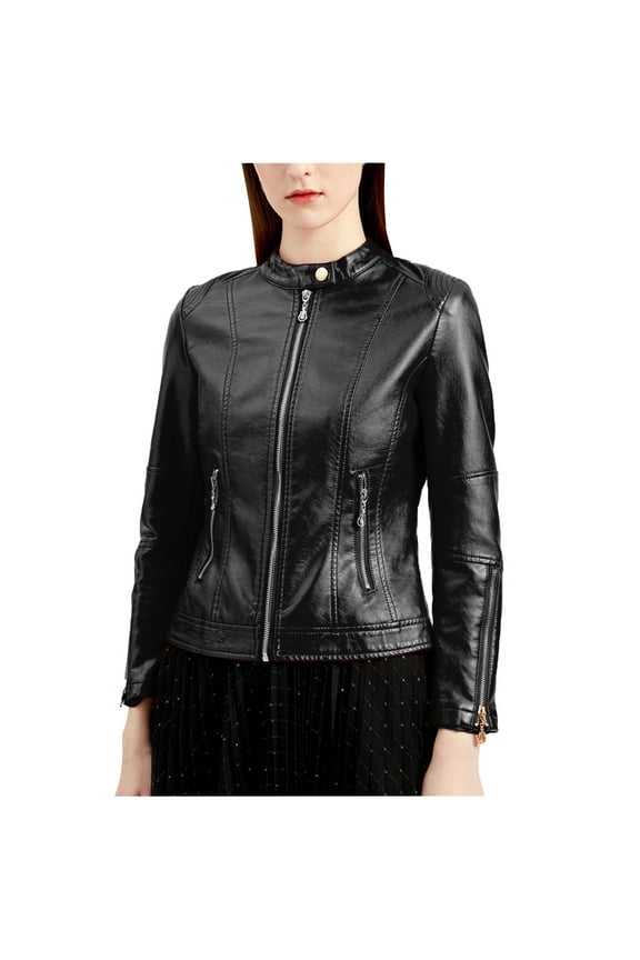 Outwear Solid Color Cropped Coat Long Sleeve Tops Loose Motorcycle Biker Jackets for Women Trendy Zipper Cardigan Pockets Fall Winter Casual Leather Black M