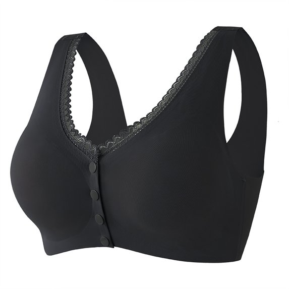 ATOYSOY Plus Size Everyday Bra Floral Lace Breathable Push Up Underwear Front Closure Button Workout Support Full Coverage Bra Girls Teens Smoothing Comfy Bra Black