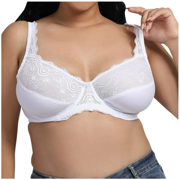ATOYSOY Plus Size Everyday Bra Underwired Support Full Coverage Bra Breathable Push Up Underwear Workout Lace Lightly Thin Girls Teens Smoothing Comfort Bra White