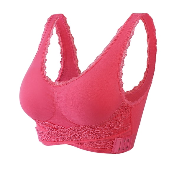 ATOYSOY Plus Size Everyday Bra Wirefree Breathable Push Up Underwear Floral Lace Comfort Bra Front Closure Cross Workout Support Full Coverage Bra Watermelon Red