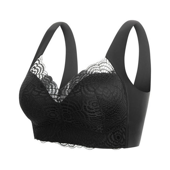 ATOYSOY Plus Size Everyday Bra Wirefree Breathable Push Up Underwear Floral Lace Smoothing Comfort Bra Fitness Workout Support Full Coverage Bra Seamless Black