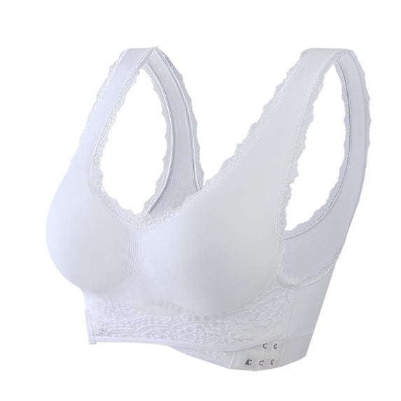 ATOYSOY Plus Size Everyday Bra Wirefree Breathable Push Up Underwear Floral Lace Smoothing Comfort Bra Front Closure Cross Workout Support Full Coverage Bra White