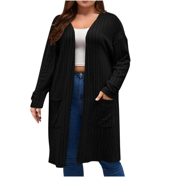 ATOYSOY Plus Size Jackets for Women Winter Fall Sweaters with Pockets Lightweight Open Front Coat Workout Casual Knitted Cardigans Long Sleeve Sweatshirts Ribbed Black XXXL