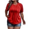 ATOYSOY Plus Size Tops Lace Panel Short Sleeves With Pleated Bust Line Basic Round Neck Solid Color Loose Blouses