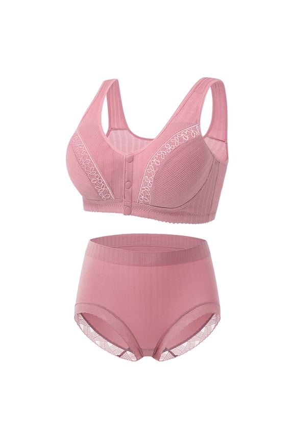 Plus Size Underwear Set Wirefree Breathable Push Up Everyday Bra Comfort Bra Front Closure Button Briefs Underpants Workout Support Full Coverage Bra Pink