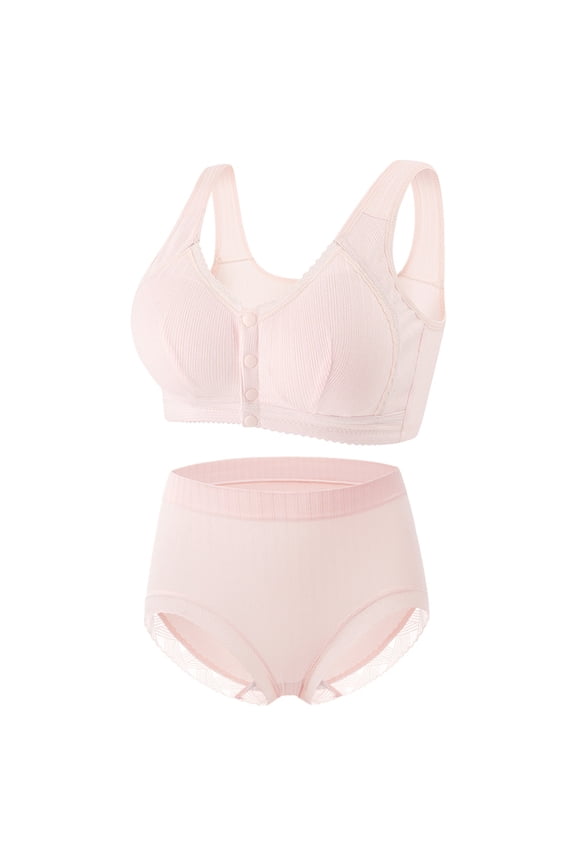 Plus Size Underwear Set Wirefree Breathable Push Up Everyday Bra Comfort Bra Front Closure Button Briefs Underpants Workout Support Full Coverage Bra Beige
