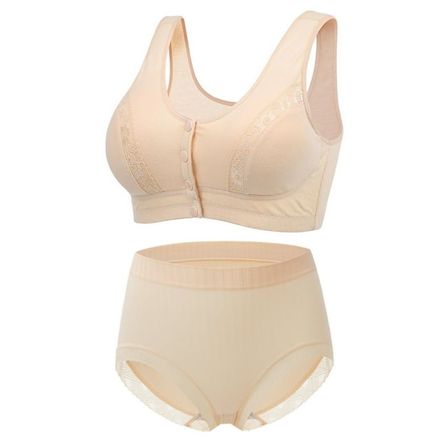 ATOYSOY Plus Size Underwear Set Wirefree Breathable Push Up Everyday Bra Comfort Bra Front Closure Button Briefs Underpants Workout Support Full Coverage Bra Clearance Beige