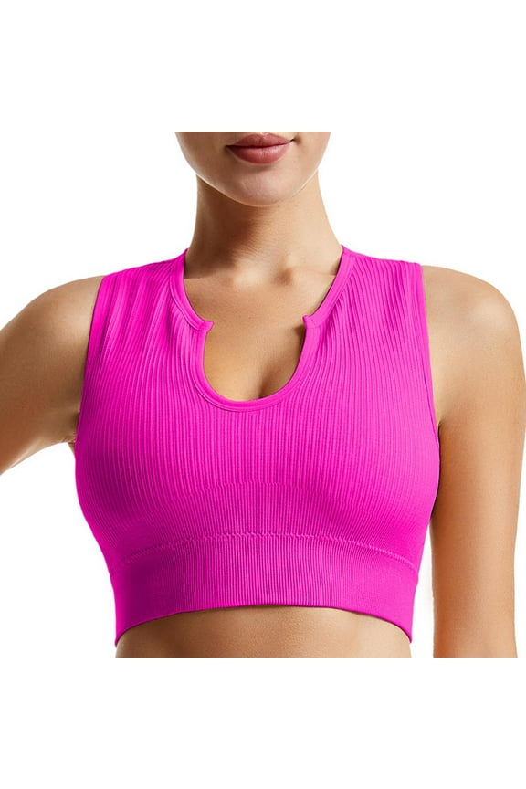 Ribbed Crop Tank Tops Sports Bra Everyday Bra Slim Basic Yoga Activewear Bralette Underwear Teens Workout Breathable Push Up Comfort Bra Wireless Pink M