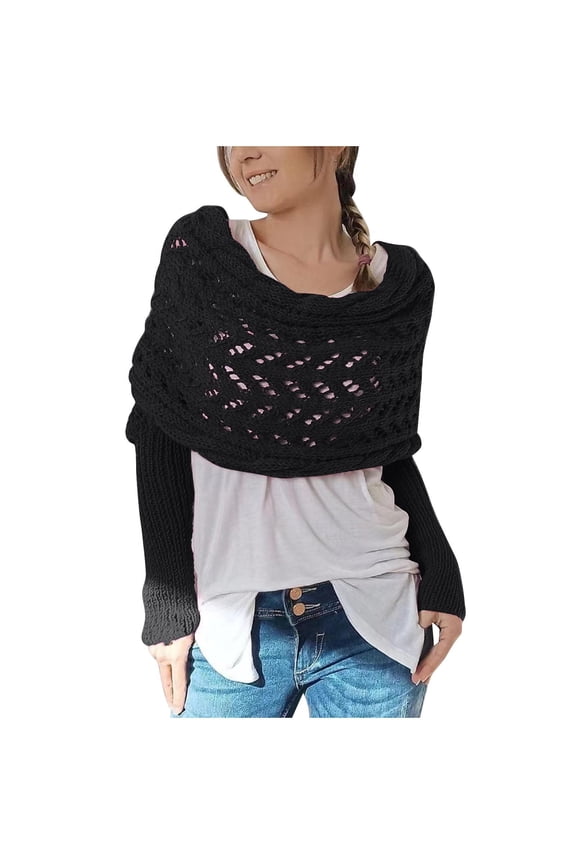 Scarf with Sleeves for Women,Knitted Double Sleeve Scarf Wrap Sweater Shawl Winter Crochet Scarves Black