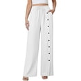 ATOYSOY Side Button Split Hem Solid Color Linen Pants Women Elastic ...