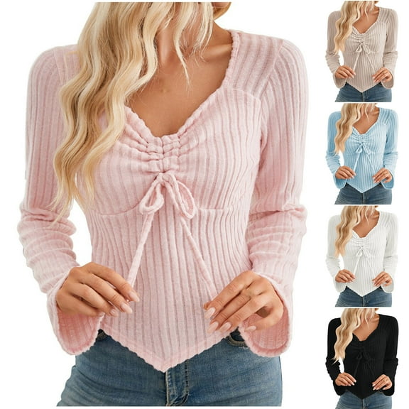 ATOYSOY Slim Knitted Shirts for Women Trendy Casual Ribbed Outwear Fall Long Sleeve Sweatshirts Solid Color Tops Drawstring V Neck Pleated Pullovers Beige L