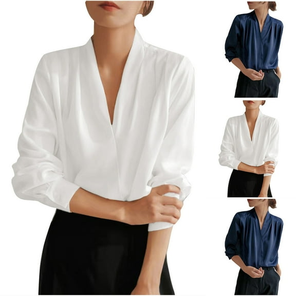 ATOYSOY Solid Color Tops Outwear Fall Trendy Long Sleeve Business Tees Loose Satin Shirts for Women Casual Elegant V Neck Pleated Pullovers Blue L