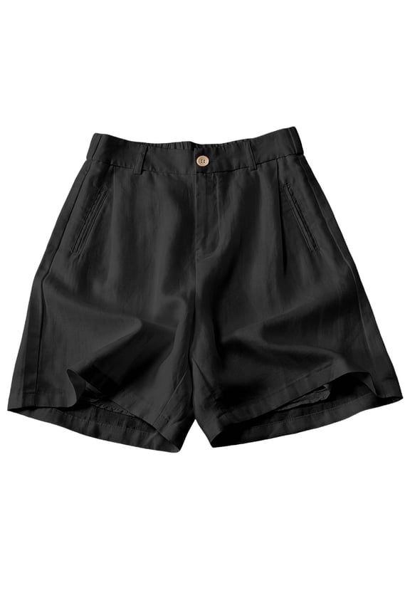Solitary Button High Waist Pleated Linen Eco Fabric Shorts For Women Solid Color Wide Leg Bermuda Shorts Side Patch Pockets Cool Casual Shorts For Work Daily Travel