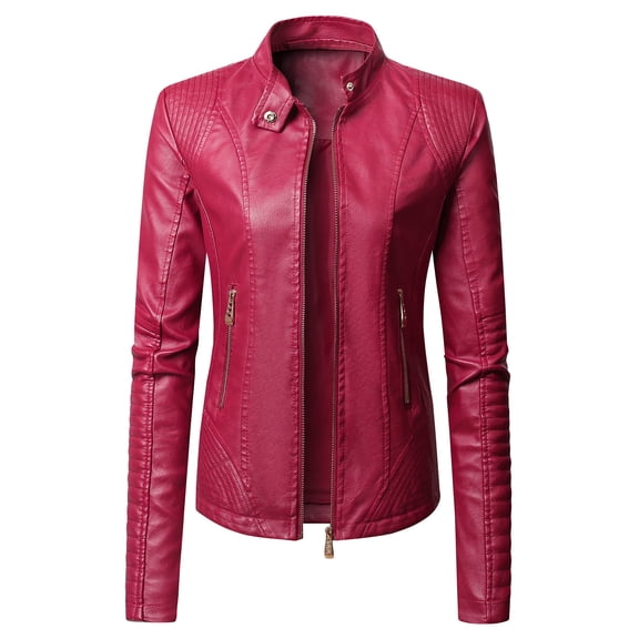 ATOYSOY Stand Collar Cardigan Pockets Fall Winter Loose Motorcycle Biker Jackets for Women Cropped Coat Outwear Long Sleeve Zipper Tops Casual Leather Trendy Red M
