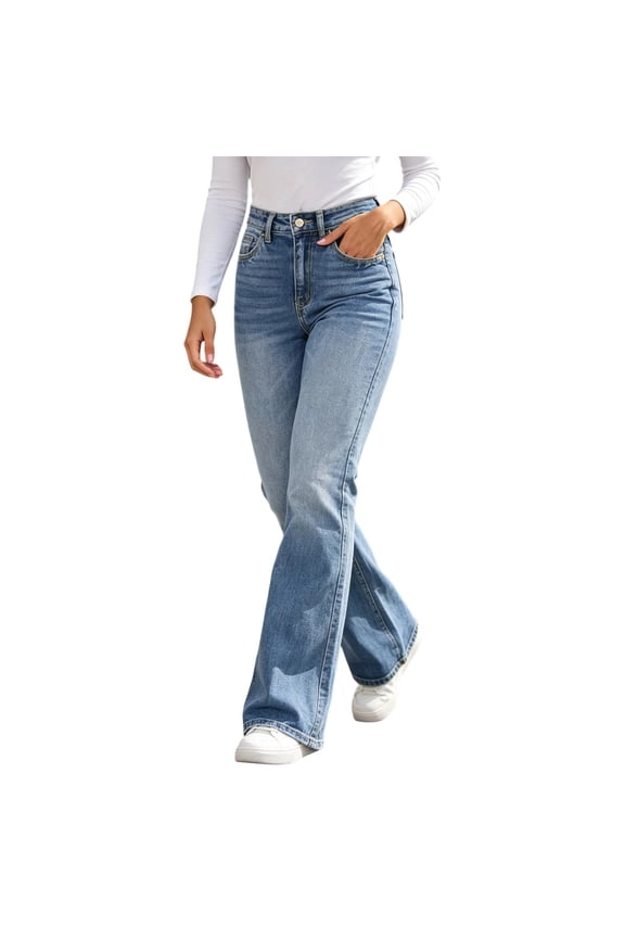 Straight Leg Jeans for Women Trendy Mid Waisted Double Button Stretchy Wash Casual Jeans