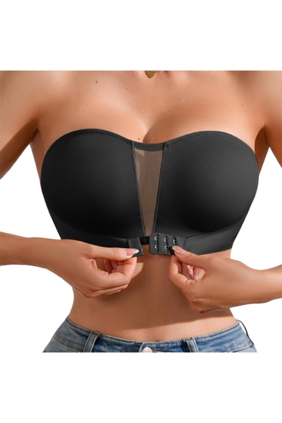 Strapless Push Up Bras for Women Front Closure Non-Slip Bandeau Tube Top Solid No Underwire Wireless Seamless Bras (Black,S)
